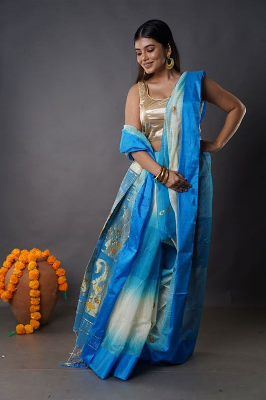 Traditional Soft Mulmul sky & white colour Bengal Handloom Pure Cotton Saree Without Blouse Piece.DN NO-1055