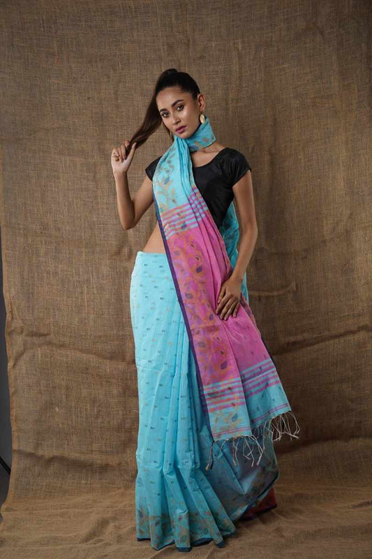 Traditional Soft Mulmul lite sky & pink colour Bengal Handloom Pure Cotton Saree Without Blouse Piece.DN NO-1053