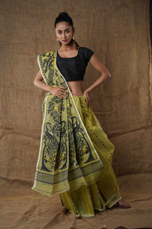 Traditional Bengal Cotton Silk Soft Jamdani Saree with Pesta green colour combination ,Handwoven in the Rich Heritage of Bengal Minakari Dhakai | Item Length: 5.5 Metres Width: 1.2 Meters | Without Blouse Piece.DN NO-1021