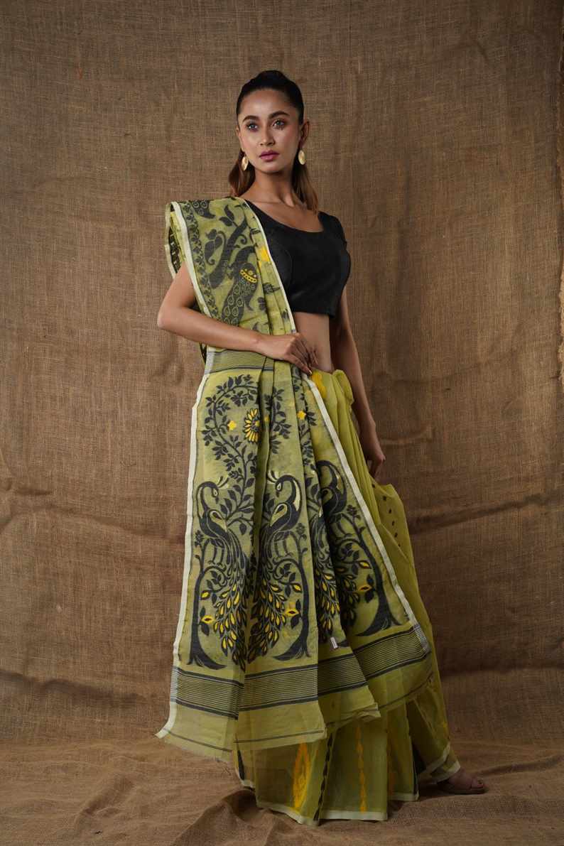 Traditional Bengal Cotton Silk Soft Jamdani Saree with Pesta green colour combination ,Handwoven in the Rich Heritage of Bengal Minakari Dhakai | Item Length: 5.5 Metres Width: 1.2 Meters | Without Blouse Piece.DN NO-1021