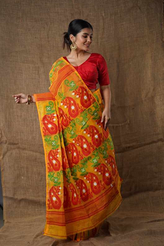 Traditional Bengal Cotton Silk Soft Jamdani Saree with the yellow colour combination, Handwoven in the Rich Heritage of Bengal Minakari Dhakai | Item Length: 5.5 Metres Width: 1.2 Meters | Without Blouse Piece.DN NO-1029