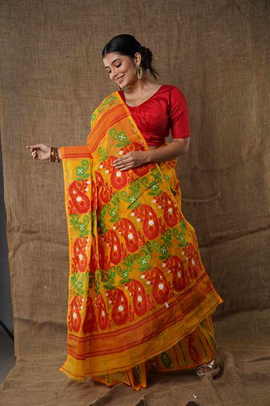 Traditional Bengal Cotton Silk Soft Jamdani Saree with the yellow colour combination, Handwoven in the Rich Heritage of Bengal Minakari Dhakai | Item Length: 5.5 Metres Width: 1.2 Meters | Without Blouse Piece.DN NO-1029