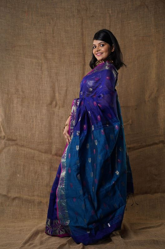 Traditional Soft Mulmul navy blue colour Bengal Handloom Pure Cotton Saree Without Blouse Piece.DN NO-1035