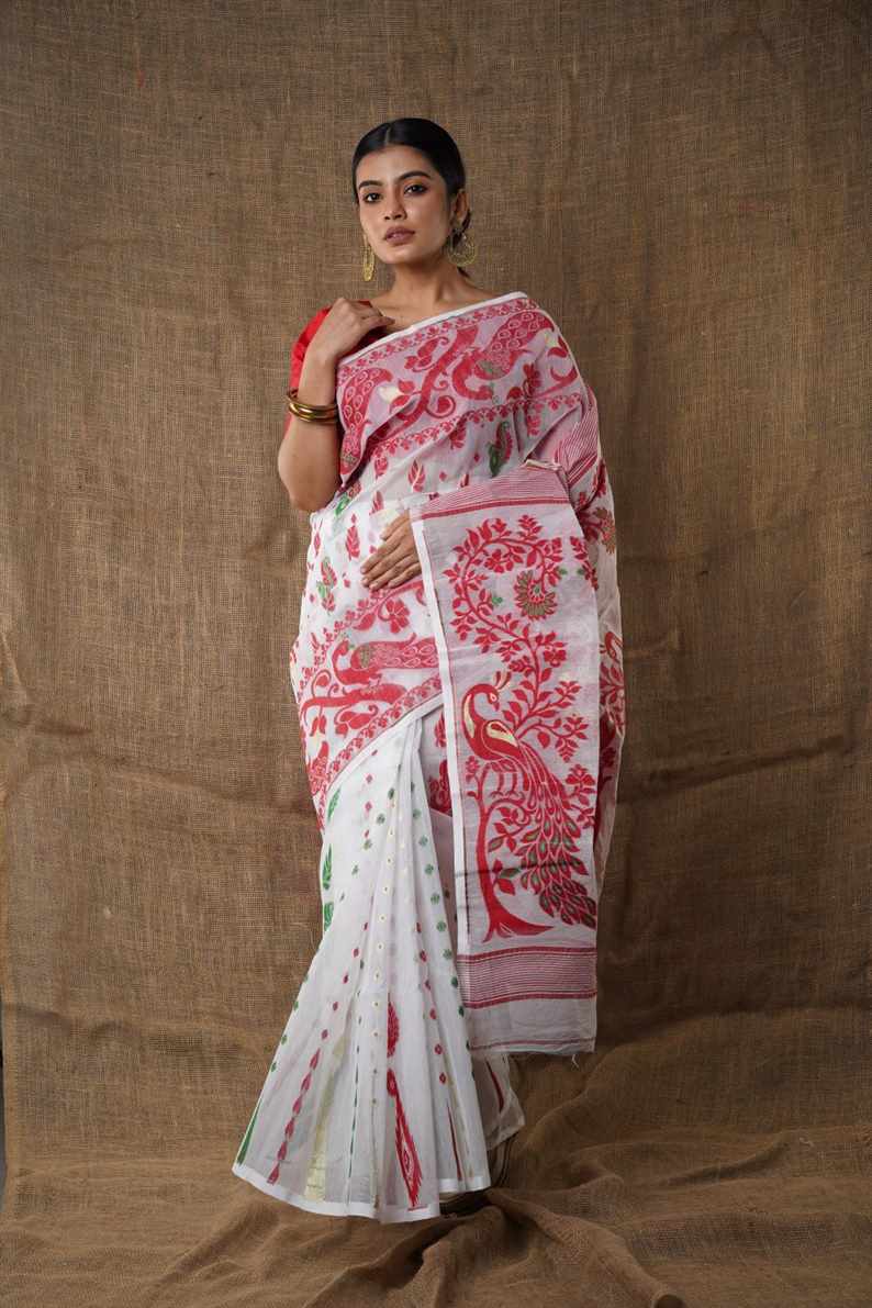 Traditional Bengal Cotton Silk Soft Jamdani Saree with White & red colour combination ,Handwoven in the Rich Heritage of Bengal Minakari Dhakai | Item Length: 5.5 Metres Width: 1.2 Meters | Without Blouse Piece.DN NO-1020