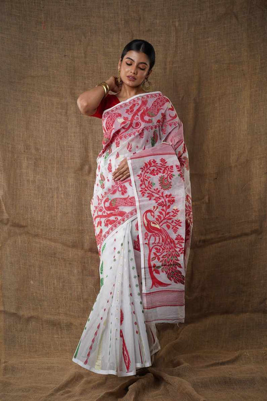 Traditional Bengal Cotton Silk Soft Jamdani Saree with White & red colour combination ,Handwoven in the Rich Heritage of Bengal Minakari Dhakai | Item Length: 5.5 Metres Width: 1.2 Meters | Without Blouse Piece.DN NO-1020
