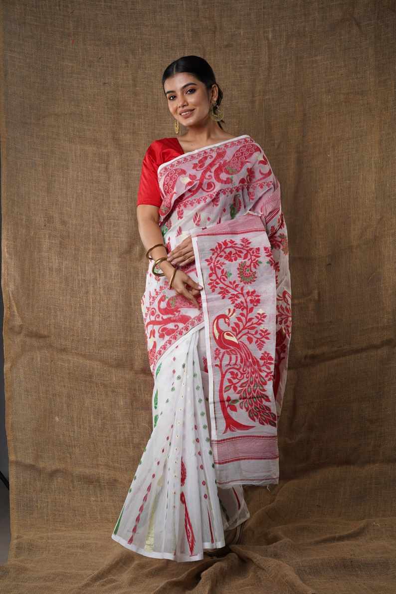 Traditional Bengal Cotton Silk Soft Jamdani Saree with White & red colour combination ,Handwoven in the Rich Heritage of Bengal Minakari Dhakai | Item Length: 5.5 Metres Width: 1.2 Meters | Without Blouse Piece.DN NO-1020