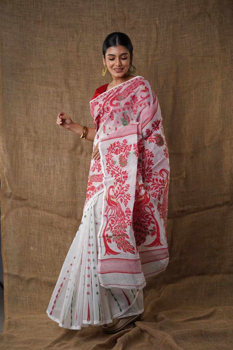 Traditional Bengal Cotton Silk Soft Jamdani Saree with White & red colour combination ,Handwoven in the Rich Heritage of Bengal Minakari Dhakai | Item Length: 5.5 Metres Width: 1.2 Meters | Without Blouse Piece.DN NO-1020