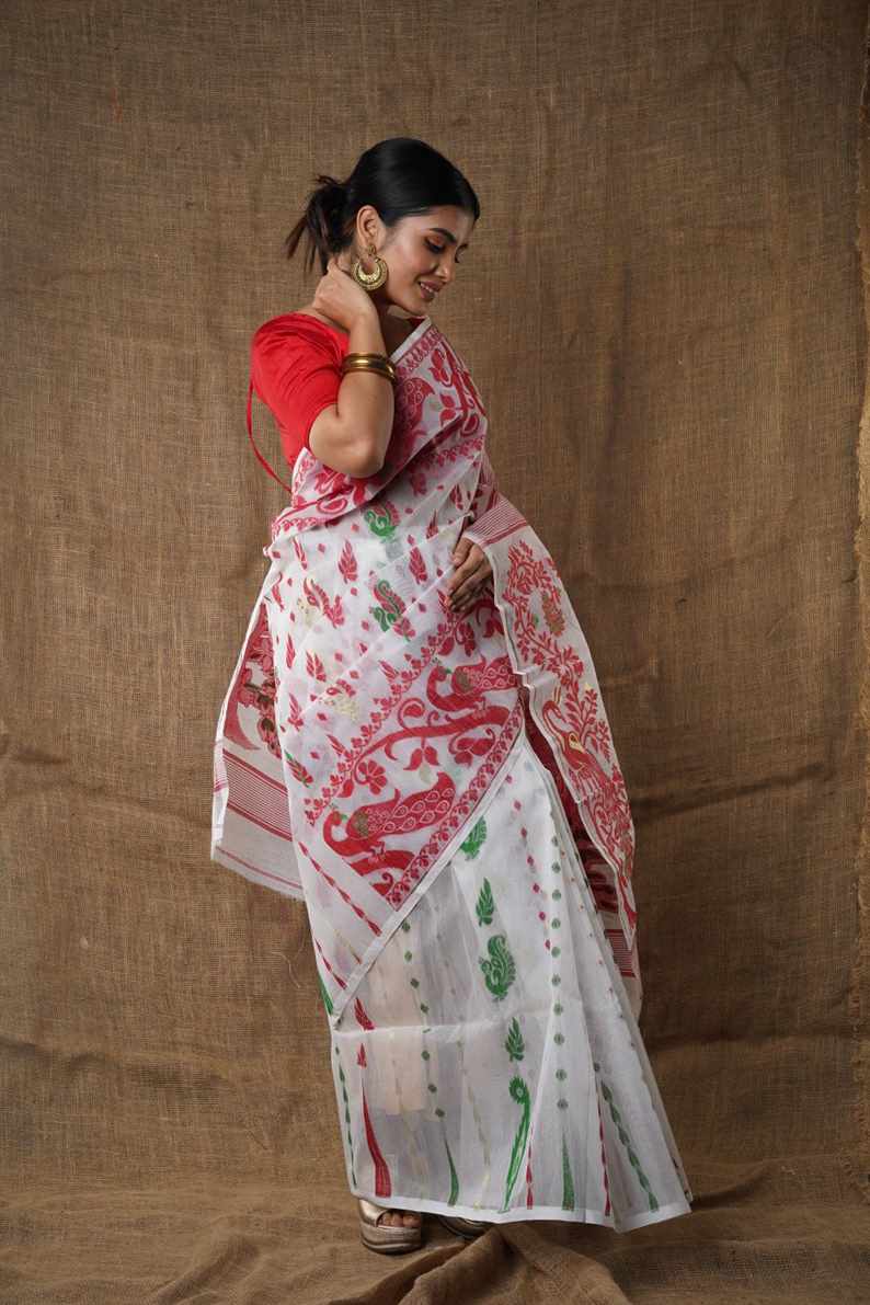Traditional Bengal Cotton Silk Soft Jamdani Saree with White & red colour combination ,Handwoven in the Rich Heritage of Bengal Minakari Dhakai | Item Length: 5.5 Metres Width: 1.2 Meters | Without Blouse Piece.DN NO-1020