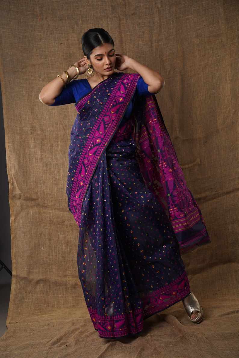 Traditional Bengal Cotton Silk Soft Jamdani Saree with navy blue colour combination ,Handwoven in the Rich Heritage of Bengal Minakari Dhakai | Item Length: 5.5 Metres Width: 1.2 Meters | Without Blouse Piece.DN NO -1008