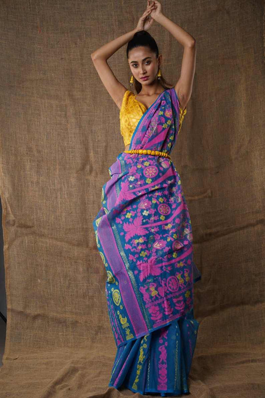 Traditional Bengal Cotton Silk Soft Jamdani Saree with Deep Firoza floral combination ,Handwoven in the Rich Heritage of Bengal Minakari Dhakai | Item Length: 5.5 Metres Width: 1.2 Meters | Without Blouse Piece.DN NO-1024