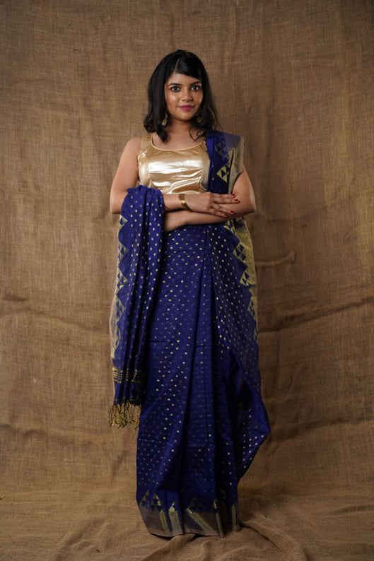 Traditional Soft Mulmul nevy blue colour Bengal Handloom Pure Cotton Saree Without Blouse Piece.DN NO-1041