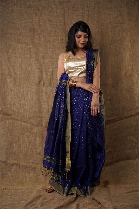 Traditional Soft Mulmul nevy blue colour Bengal Handloom Pure Cotton Saree Without Blouse Piece.DN NO-1041