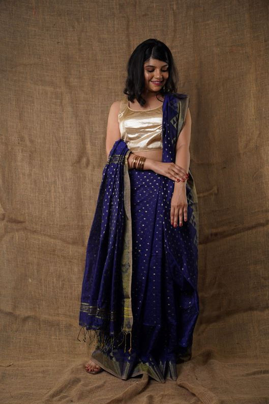 Traditional Soft Mulmul nevy blue colour Bengal Handloom Pure Cotton Saree Without Blouse Piece.DN NO-1041