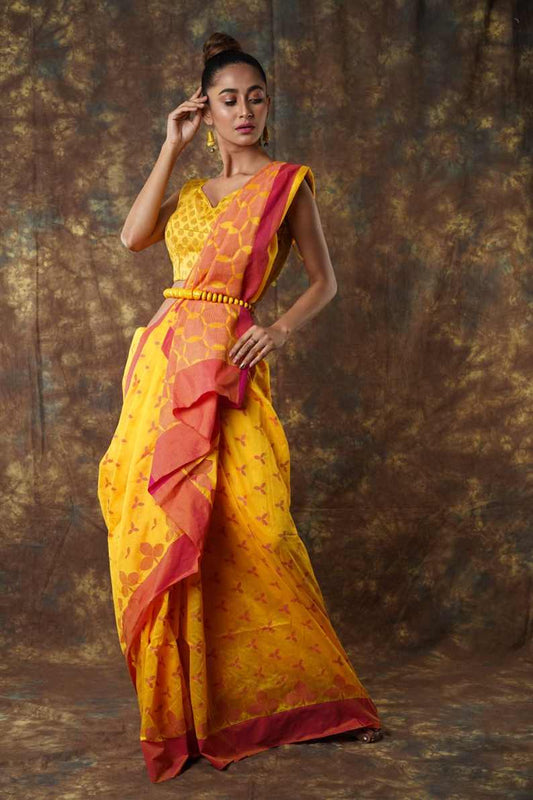Traditional Soft Mulmul yellow colour Bengal Handloom Pure Cotton Saree Without Blouse Piece.DN NO-1057