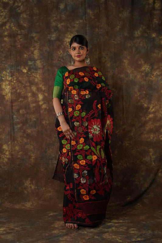 Traditional Bengal Cotton Silk Soft Jamdani Saree with Black floral combination ,Handwoven in the Rich Heritage of Bengal Minakari Dhakai | Item Length: 5.5 Metres Width: 1.2 Meters | Without Blouse Piece.DN NO-1025