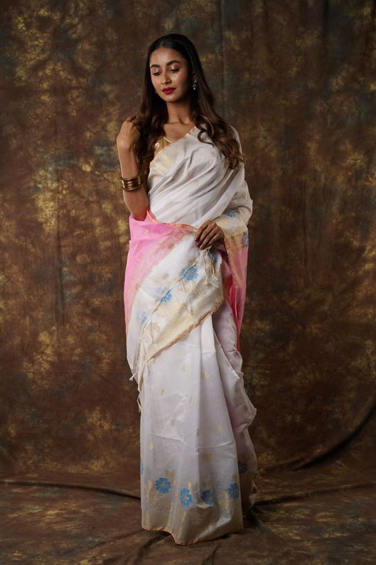 Traditional Soft Mulmul white & pink colour Bengal Handloom Pure Cotton Saree Without Blouse Piece.DN NO-1043