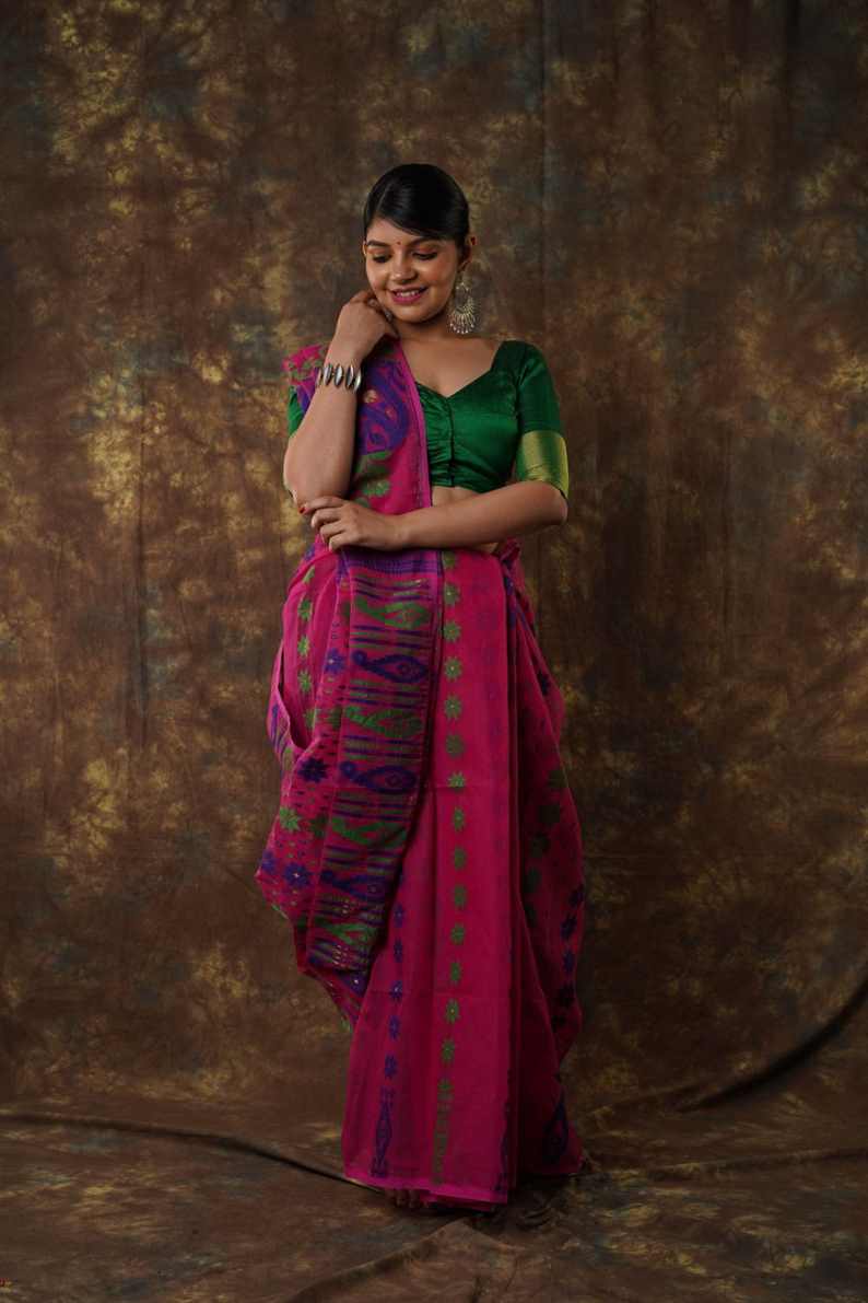 Traditional Bengal Cotton Silk Soft Jamdani Saree with rani colour combination ,Handwoven in the Rich Heritage of Bengal Minakari Dhakai | Item Length: 5.5 Metres Width: 1.2 Meters | Without Blouse Piece.DN NO-1028