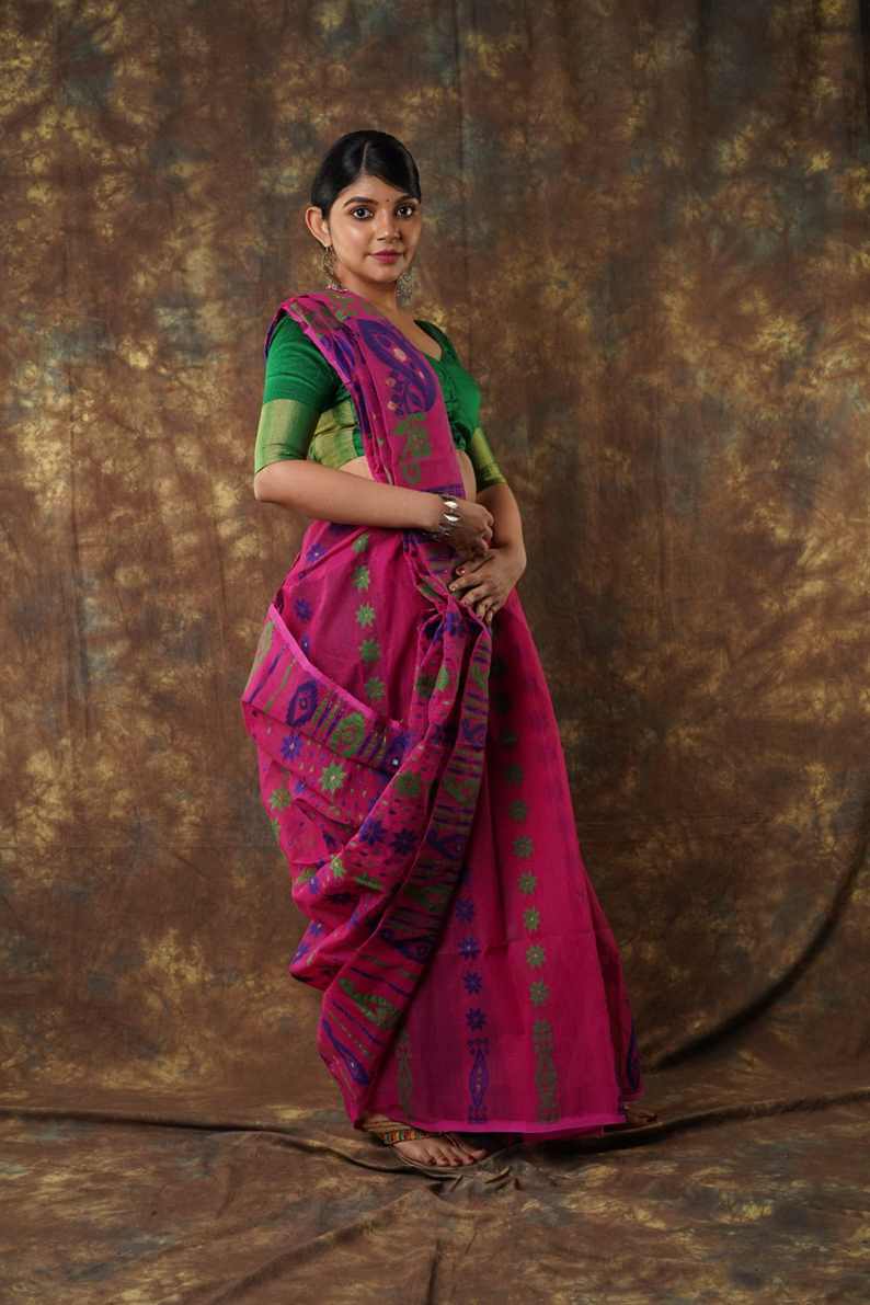 Traditional Bengal Cotton Silk Soft Jamdani Saree with rani colour combination ,Handwoven in the Rich Heritage of Bengal Minakari Dhakai | Item Length: 5.5 Metres Width: 1.2 Meters | Without Blouse Piece.DN NO-1028