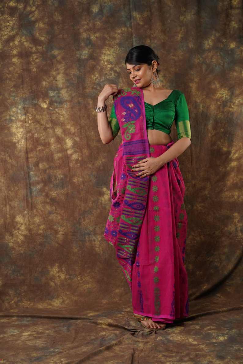 Traditional Bengal Cotton Silk Soft Jamdani Saree with rani colour combination ,Handwoven in the Rich Heritage of Bengal Minakari Dhakai | Item Length: 5.5 Metres Width: 1.2 Meters | Without Blouse Piece.DN NO-1028