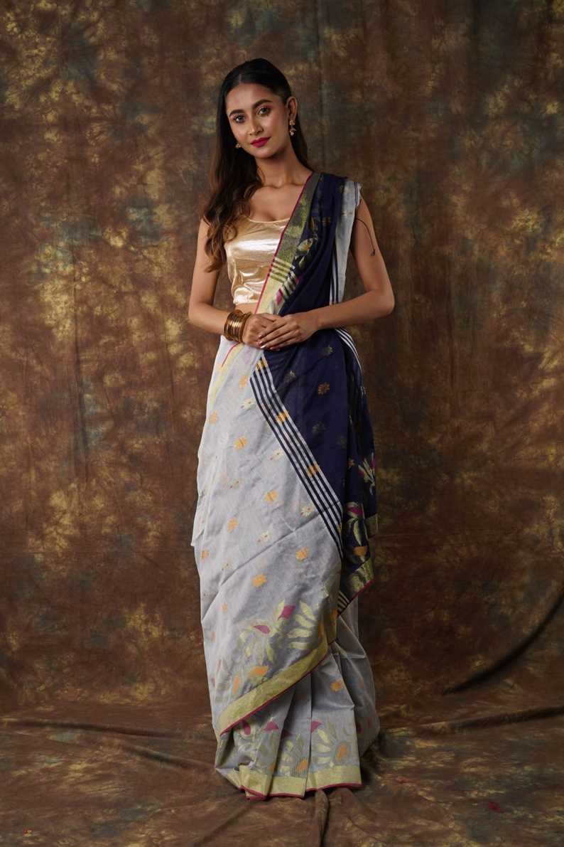 Traditional Soft Mulmul grey & blue colour Bengal Handloom Pure Cotton Saree Without Blouse Piece.DN NO-1065