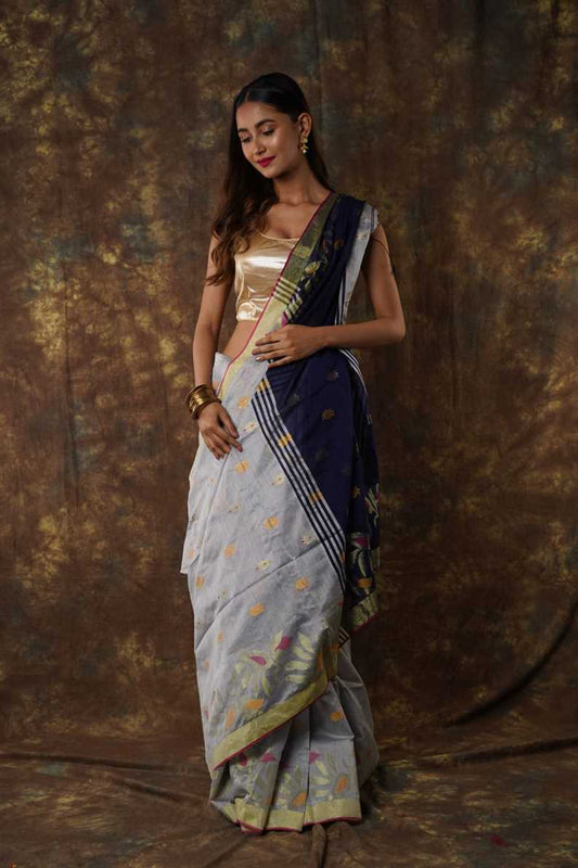 Traditional Soft Mulmul grey & blue colour Bengal Handloom Pure Cotton Saree Without Blouse Piece.DN NO-1065