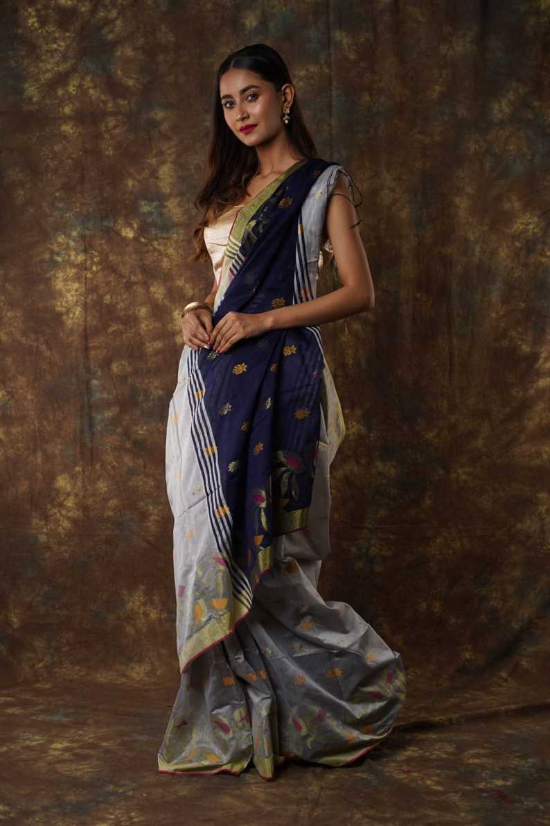 Traditional Soft Mulmul grey & blue colour Bengal Handloom Pure Cotton Saree Without Blouse Piece.DN NO-1065