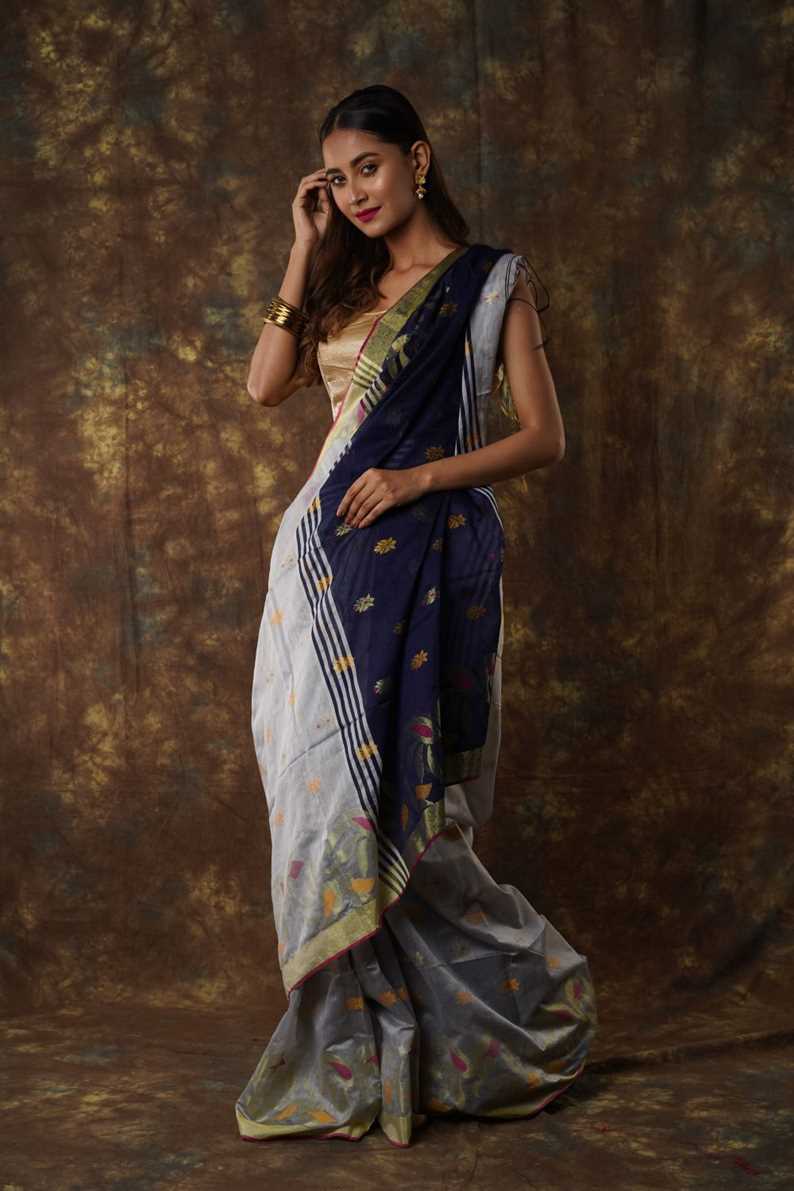 Traditional Soft Mulmul grey & blue colour Bengal Handloom Pure Cotton Saree Without Blouse Piece.DN NO-1065