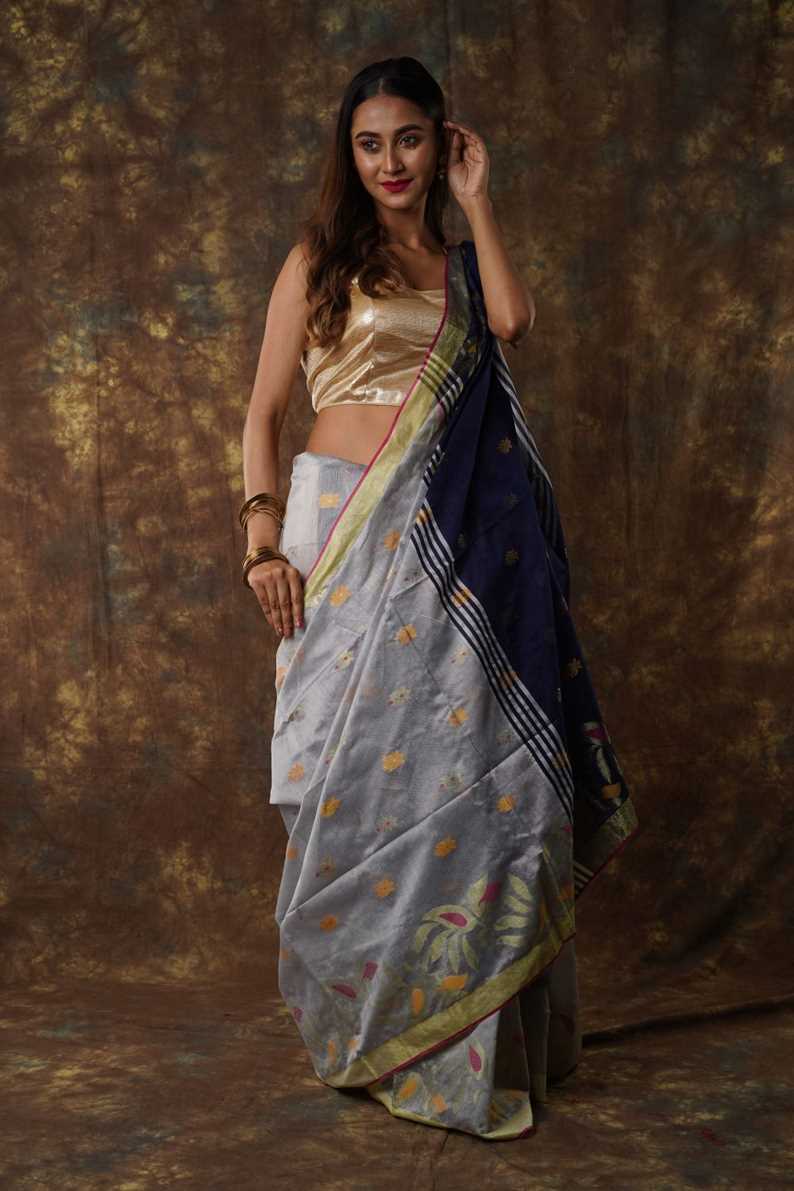 Traditional Soft Mulmul grey & blue colour Bengal Handloom Pure Cotton Saree Without Blouse Piece.DN NO-1065