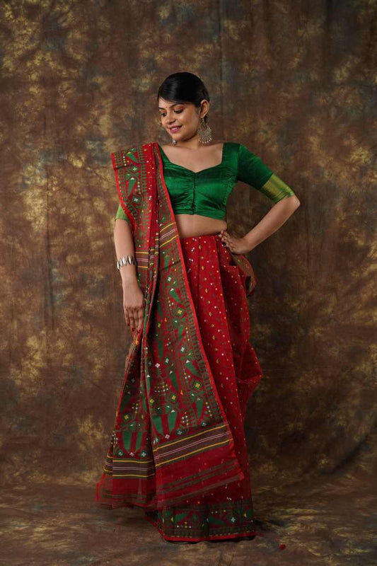 Traditional Bengal Cotton Silk Soft Jamdani Saree with merun colour floral  combination ,Handwoven in the Rich Heritage of Bengal Minakari Dhakai | Item Length: 5.5 Metres Width: 1.2 Meters | Without Blouse Piece.DN NO-1005