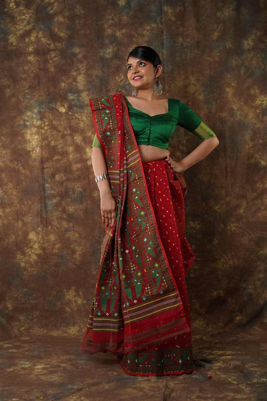 Traditional Bengal Cotton Silk Soft Jamdani Saree with merun colour floral combination ,Handwoven in the Rich Heritage of Bengal Minakari Dhakai | Item Length: 5.5 Metres Width: 1.2 Meters | Without Blouse Piece.DN NO-1005