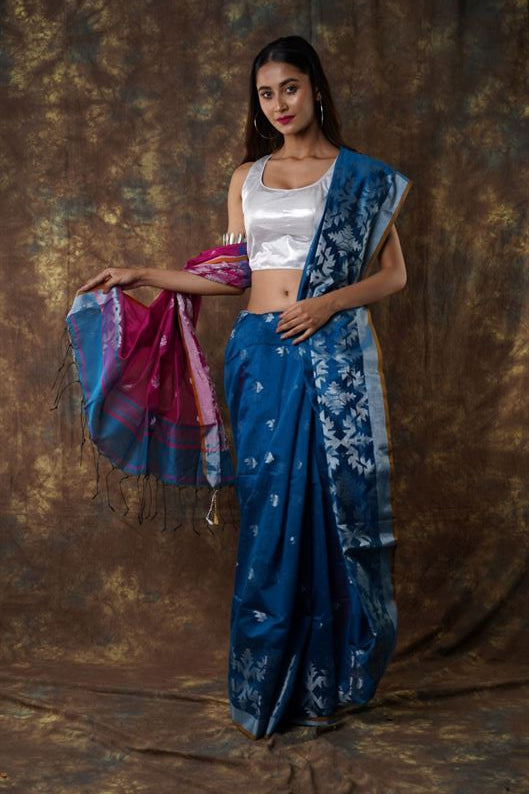 Traditional Soft Mulmul Deep Ferozi colour Bengal Handloom Pure Cotton Saree Without Blouse Piece.DN NO-1063