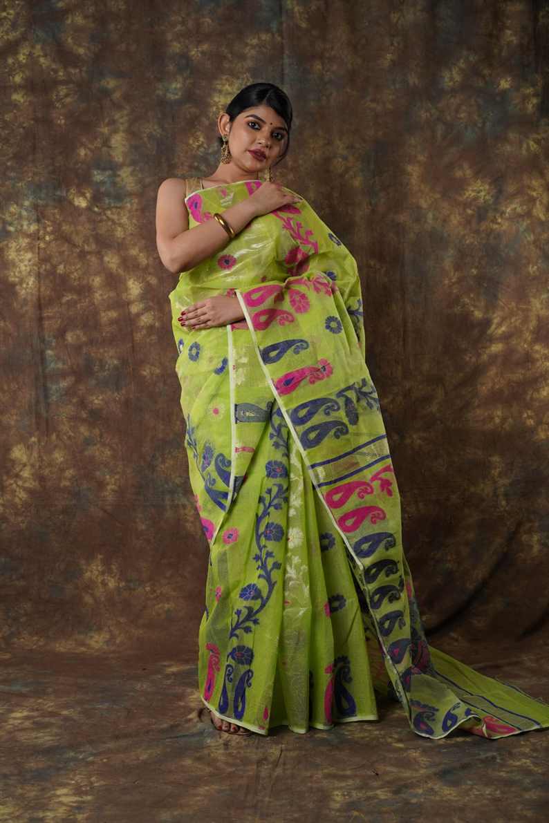 Traditional Bengal Cotton Silk Soft Jamdani Saree with parrot green colour   combination ,Handwoven in the Rich Heritage of Bengal Minakari Dhakai | Item Length: 5.5 Metres Width: 1.2 Meters | Without Blouse Piece.DN NO-1012