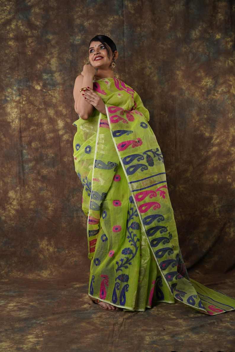 Traditional Bengal Cotton Silk Soft Jamdani Saree with parrot green colour   combination ,Handwoven in the Rich Heritage of Bengal Minakari Dhakai | Item Length: 5.5 Metres Width: 1.2 Meters | Without Blouse Piece.DN NO-1012