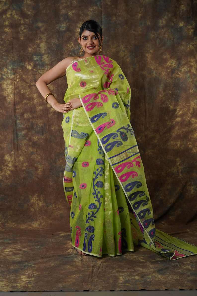 Traditional Bengal Cotton Silk Soft Jamdani Saree with parrot green colour   combination ,Handwoven in the Rich Heritage of Bengal Minakari Dhakai | Item Length: 5.5 Metres Width: 1.2 Meters | Without Blouse Piece.DN NO-1012