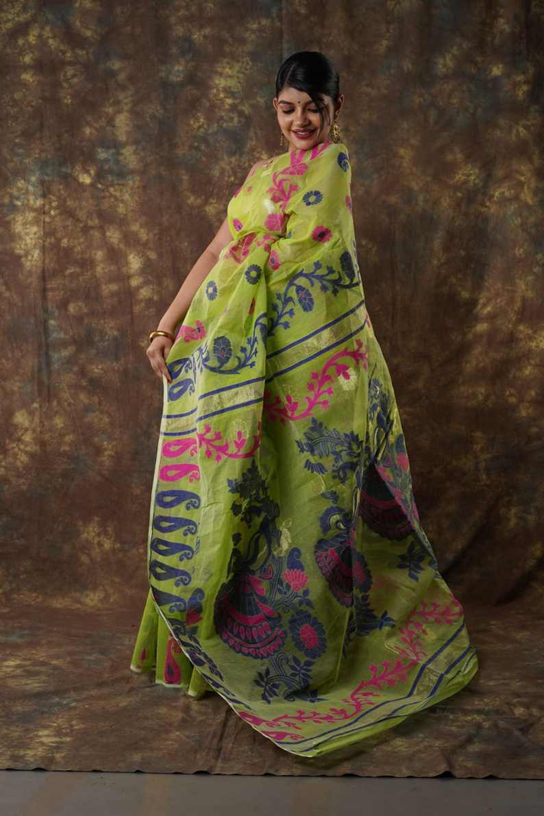 Traditional Bengal Cotton Silk Soft Jamdani Saree with parrot green colour   combination ,Handwoven in the Rich Heritage of Bengal Minakari Dhakai | Item Length: 5.5 Metres Width: 1.2 Meters | Without Blouse Piece.DN NO-1012