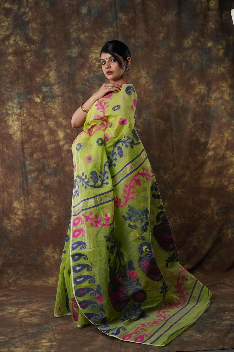 Traditional Bengal Cotton Silk Soft Jamdani Saree with parrot green colour   combination ,Handwoven in the Rich Heritage of Bengal Minakari Dhakai | Item Length: 5.5 Metres Width: 1.2 Meters | Without Blouse Piece.DN NO-1012