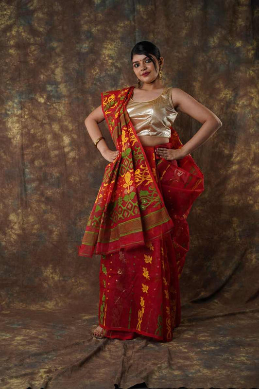 Traditional Bengal Cotton Silk Soft Jamdani Saree with red colour floral combination ,Handwoven in the Rich Heritage of Bengal Minakari Dhakai | Item Length: 5.5 Metres Width: 1.2 Meters | Without Blouse Piece.DN NO-1009