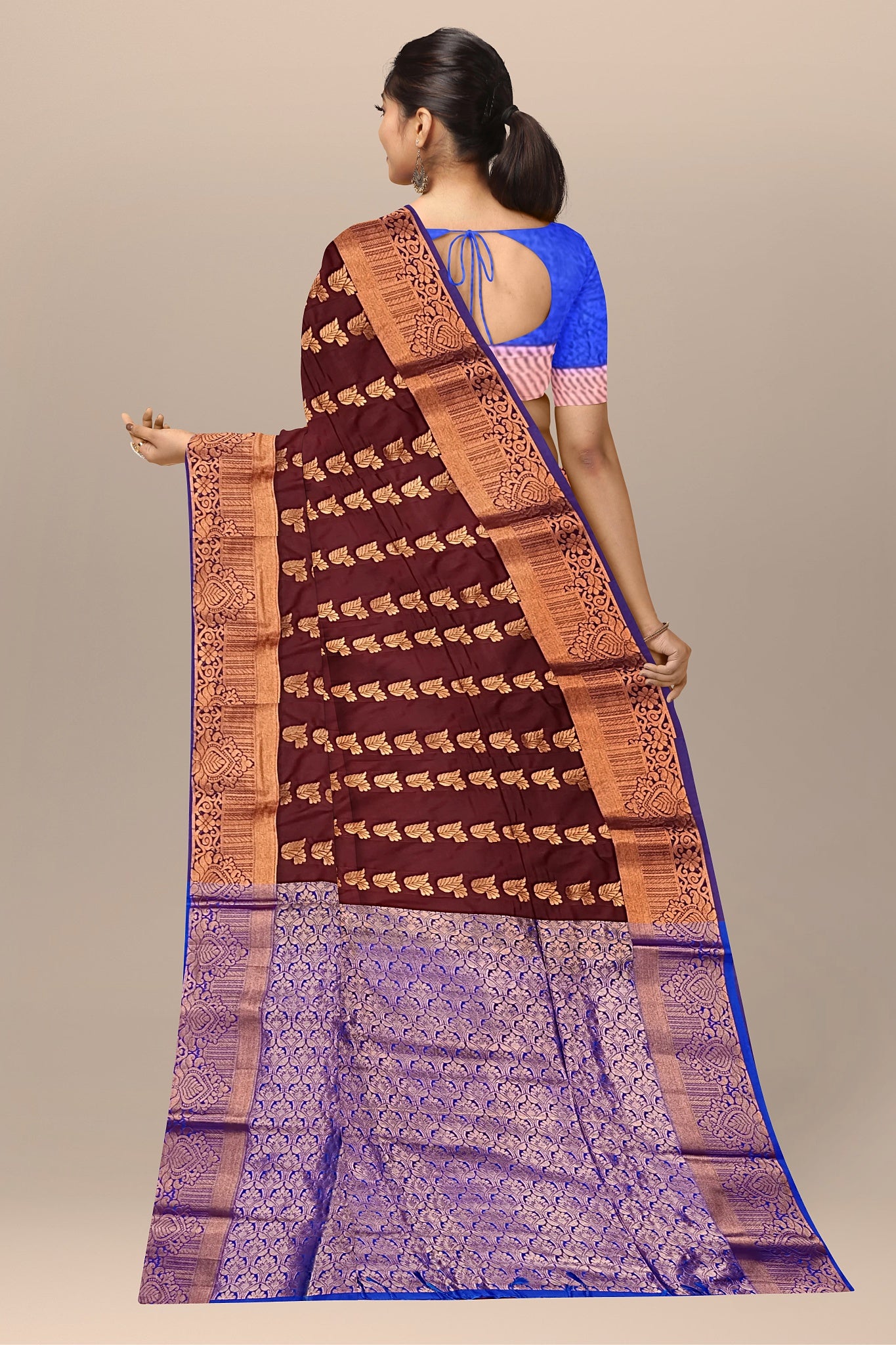 Marron Silk Saree with Navy Buta and Temple Blouse