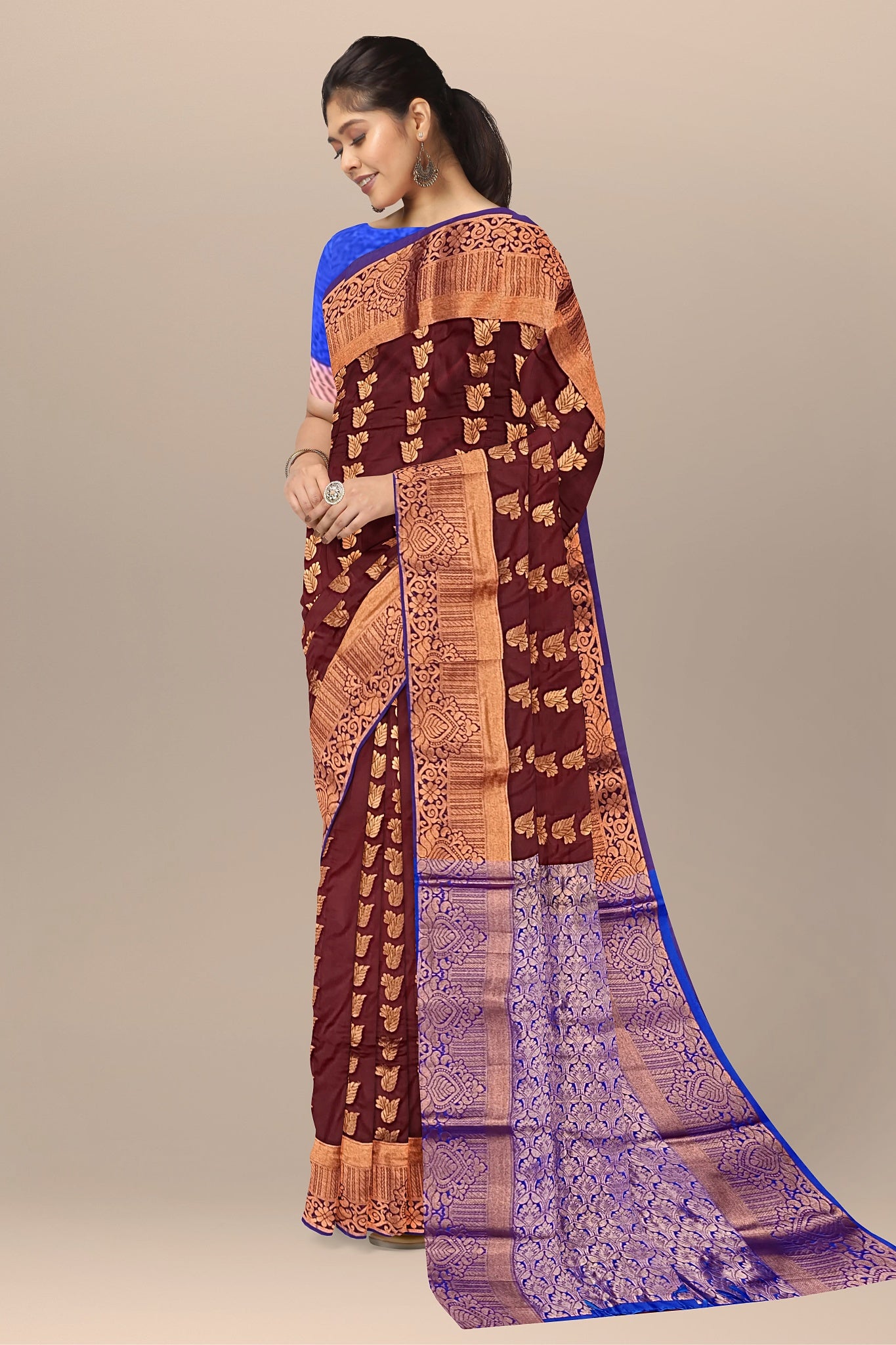 Marron Silk Saree with Navy Buta and Temple Blouse