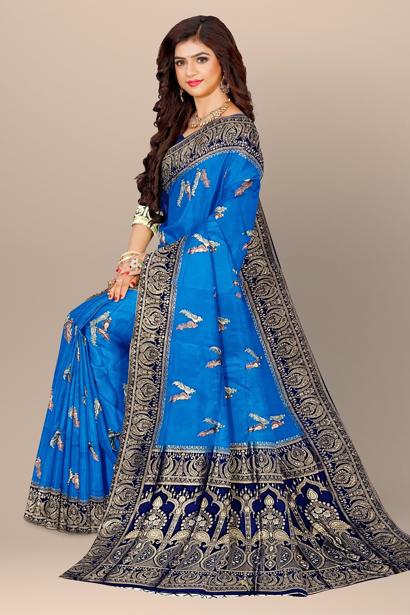 Tussar Silk Saree with Peacock Buta & Navy Blue Contrast