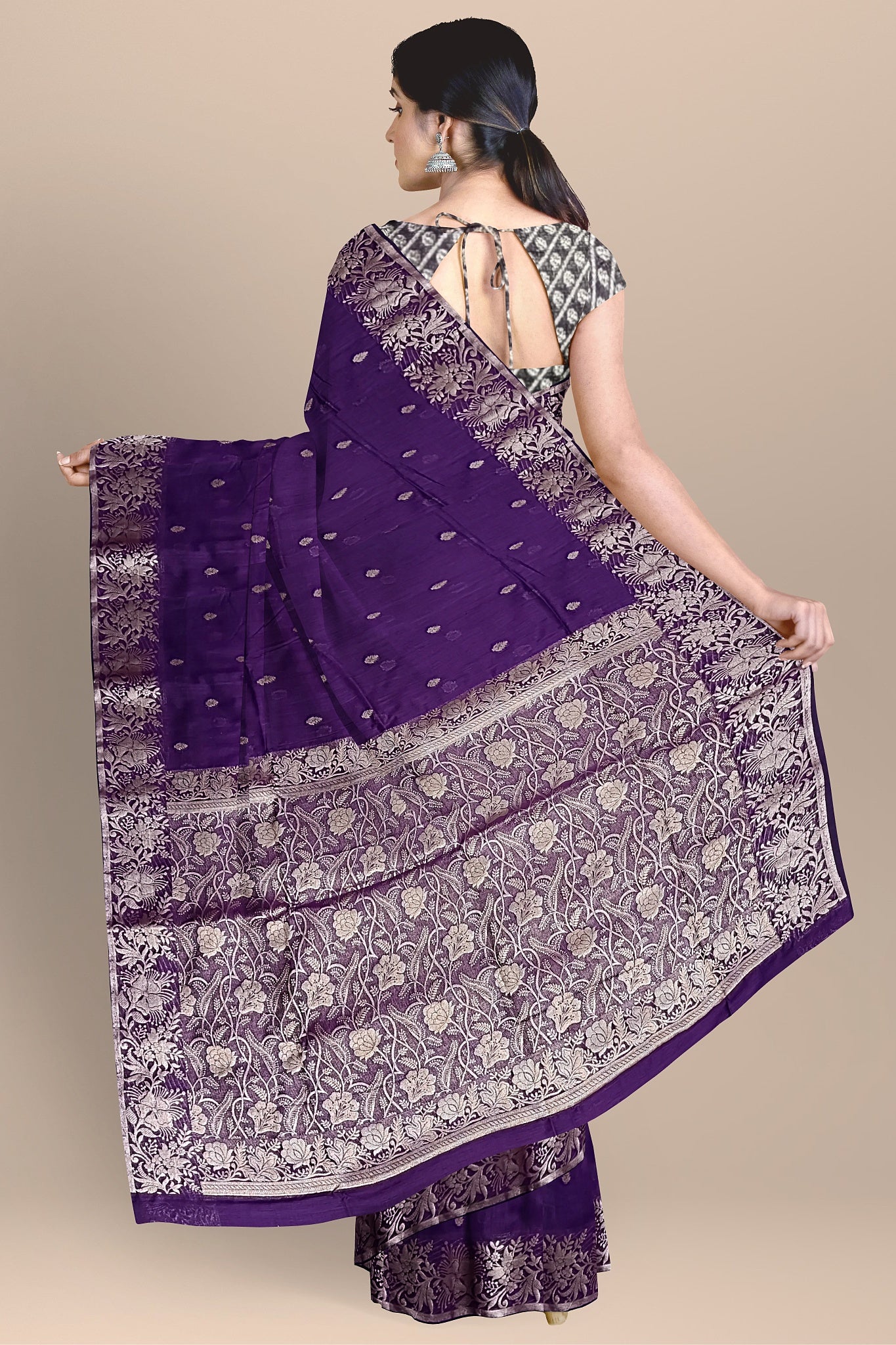 Elegant Purple Silk Saree with Buta, Floral & Kalka Work