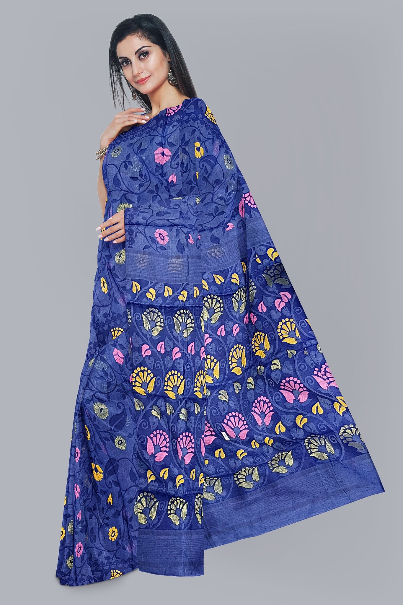 Elegant Navy Blue soft jamdani Saree with Big Leaf Design,DN NO-1085