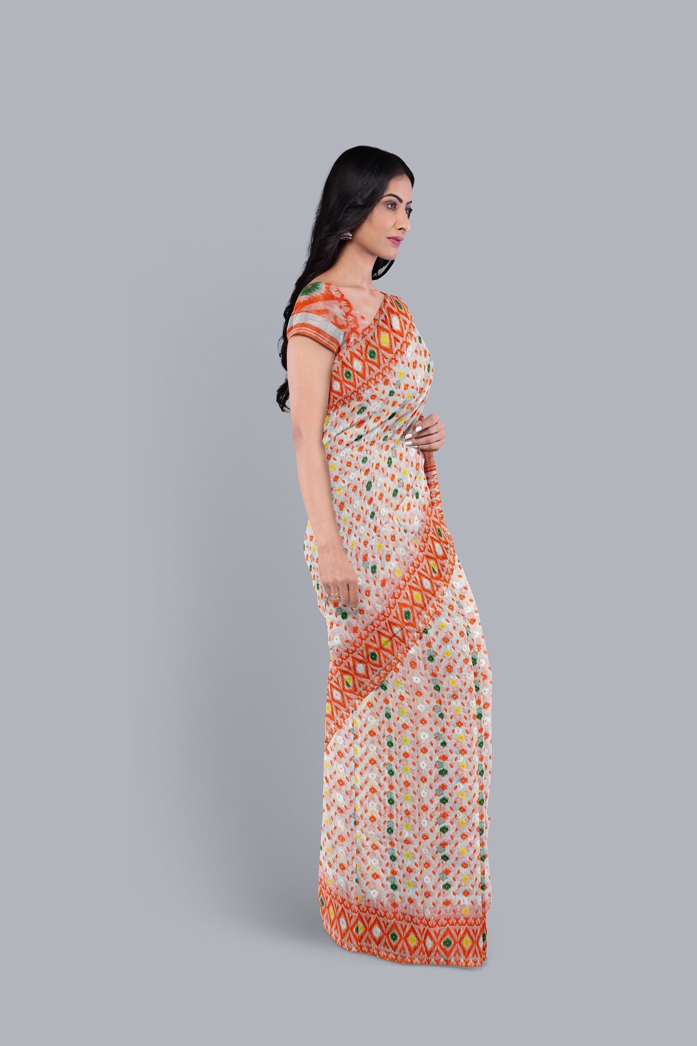 Elegant White Soft Jamdani Saree with Multicolored Contrast Accents,DN NO-1102