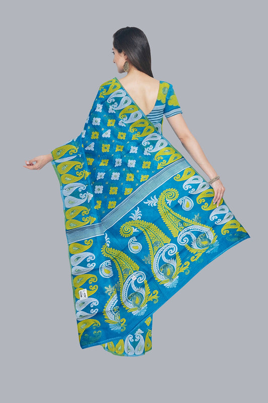 Exquisite Firoza Soft Jamdani Saree with Yellow and White Accents,DN NO-1071