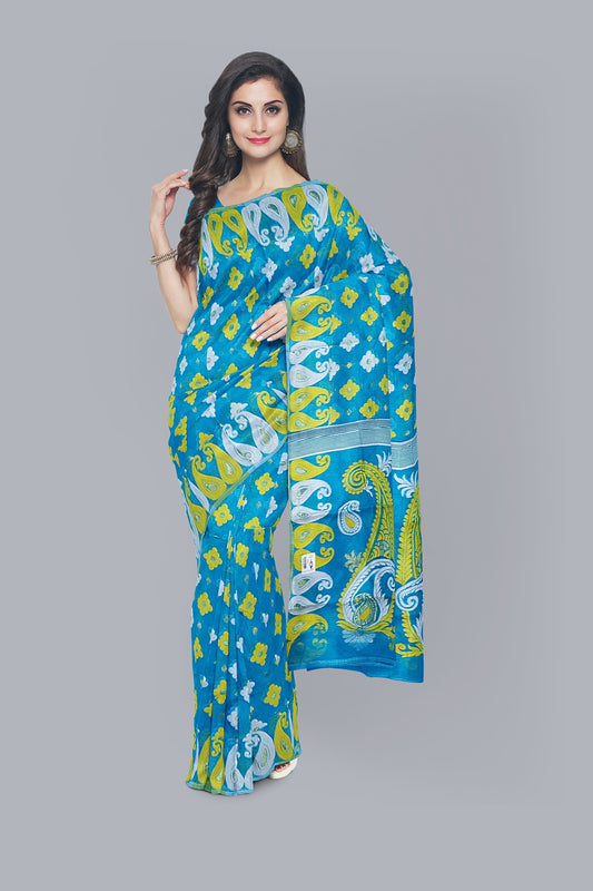 Exquisite Firoza Soft Jamdani Saree with Yellow and White Accents,DN NO-1071