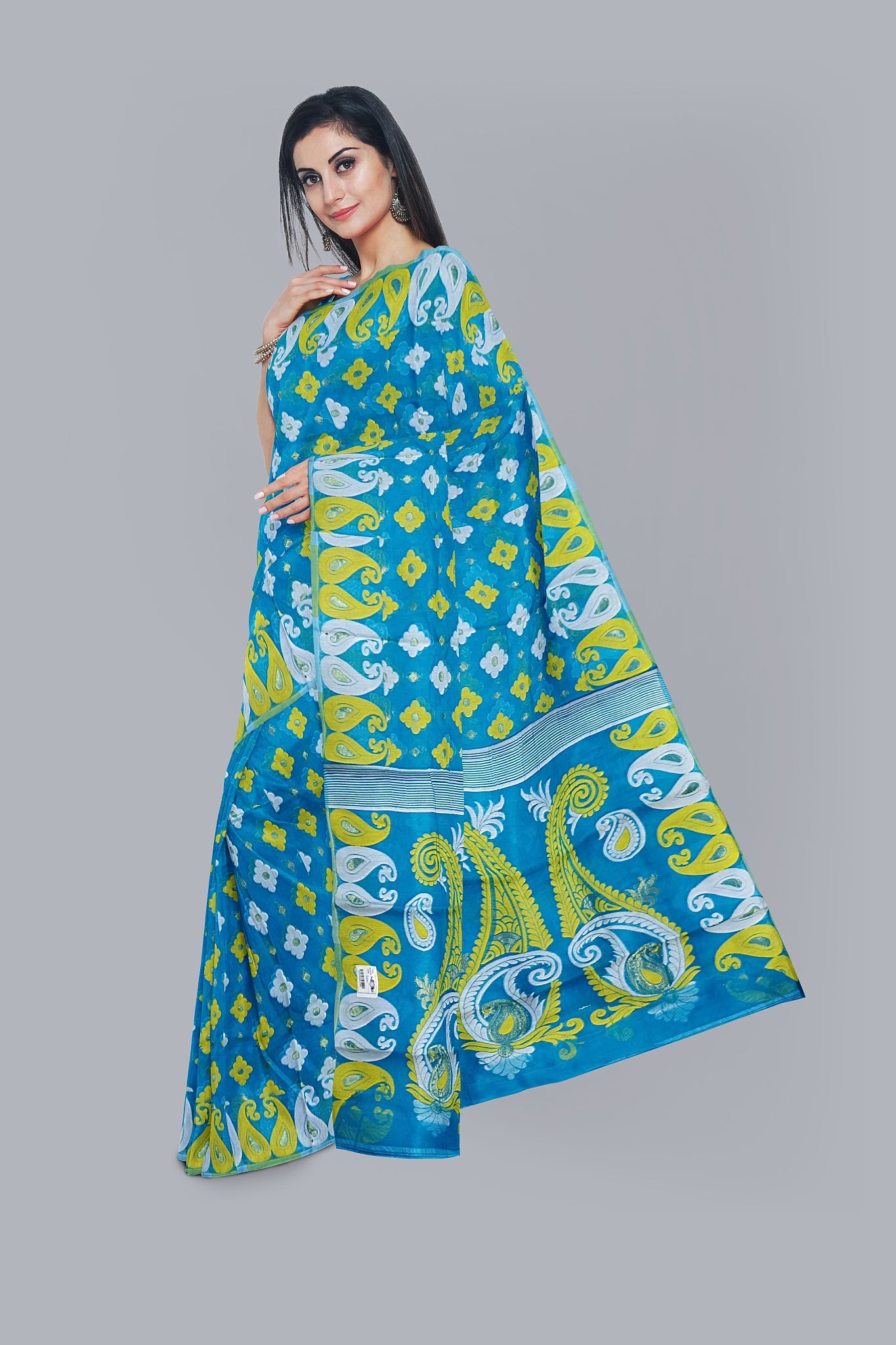 Exquisite Firoza Soft Jamdani Saree with Yellow and White Accents,DN NO-1071