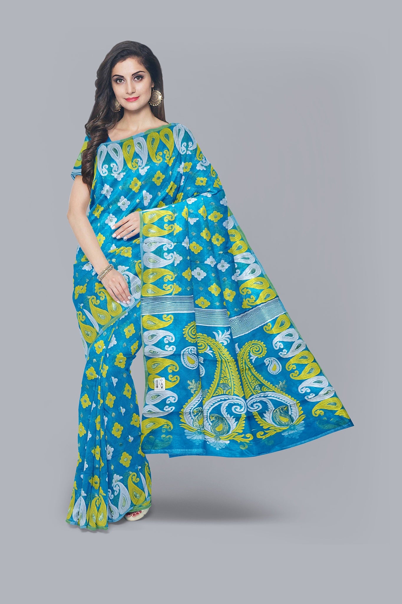 Exquisite Firoza Soft Jamdani Saree with Yellow and White Accents,DN NO-1071
