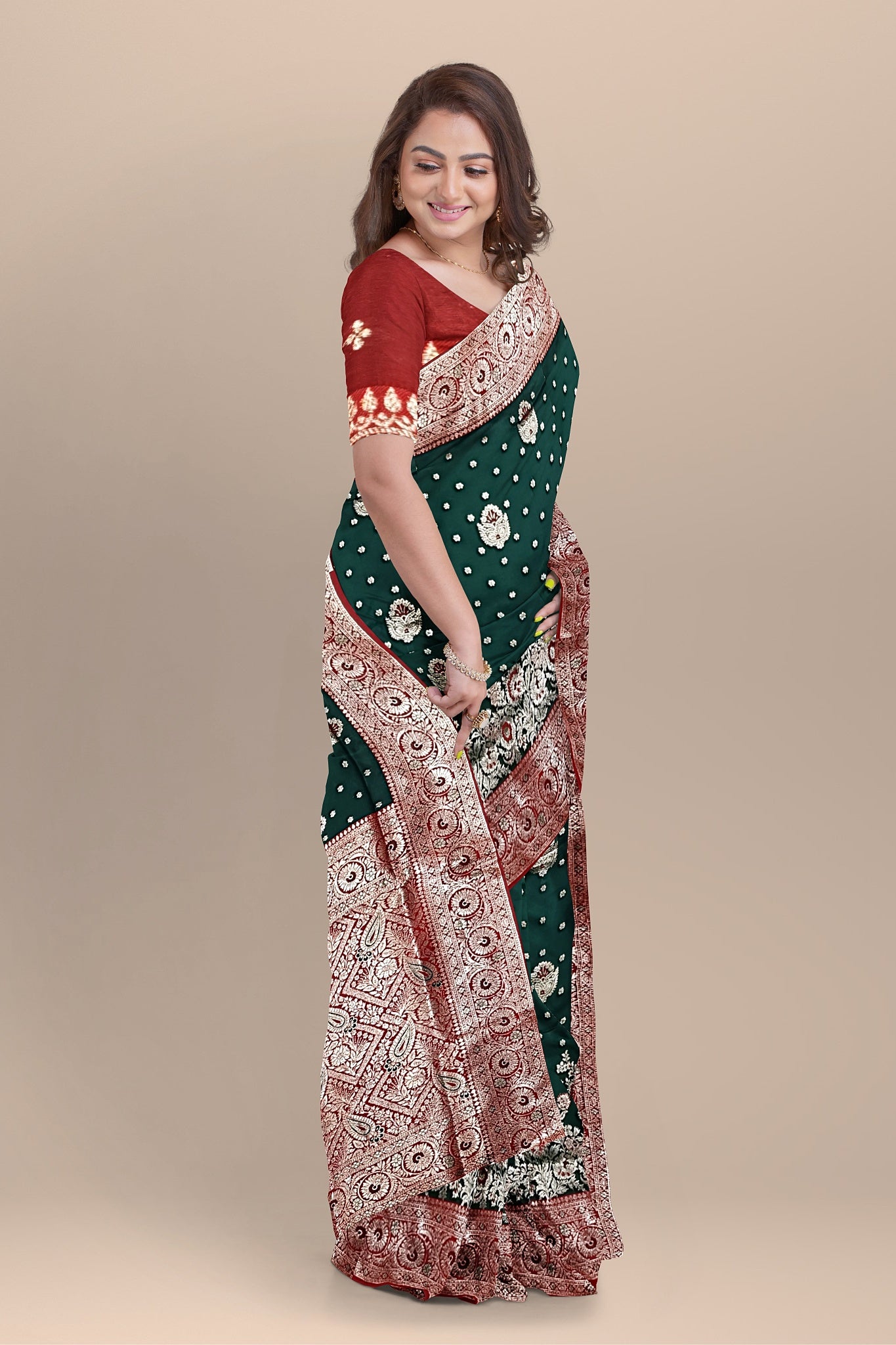Bottle Green Silk Saree with Multicolored Buta & Minakari Work