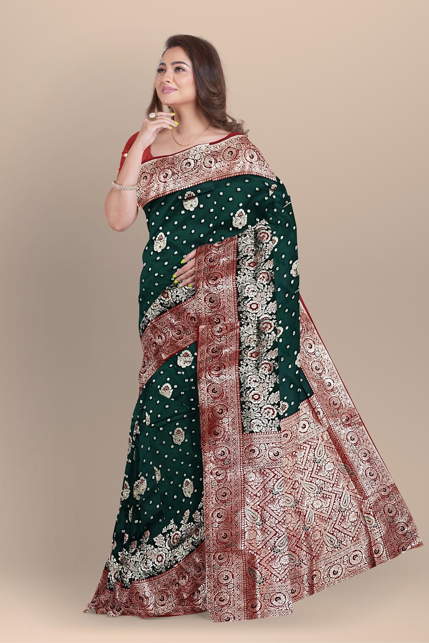 Bottle Green Silk Saree with Multicolored Buta & Minakari Work
