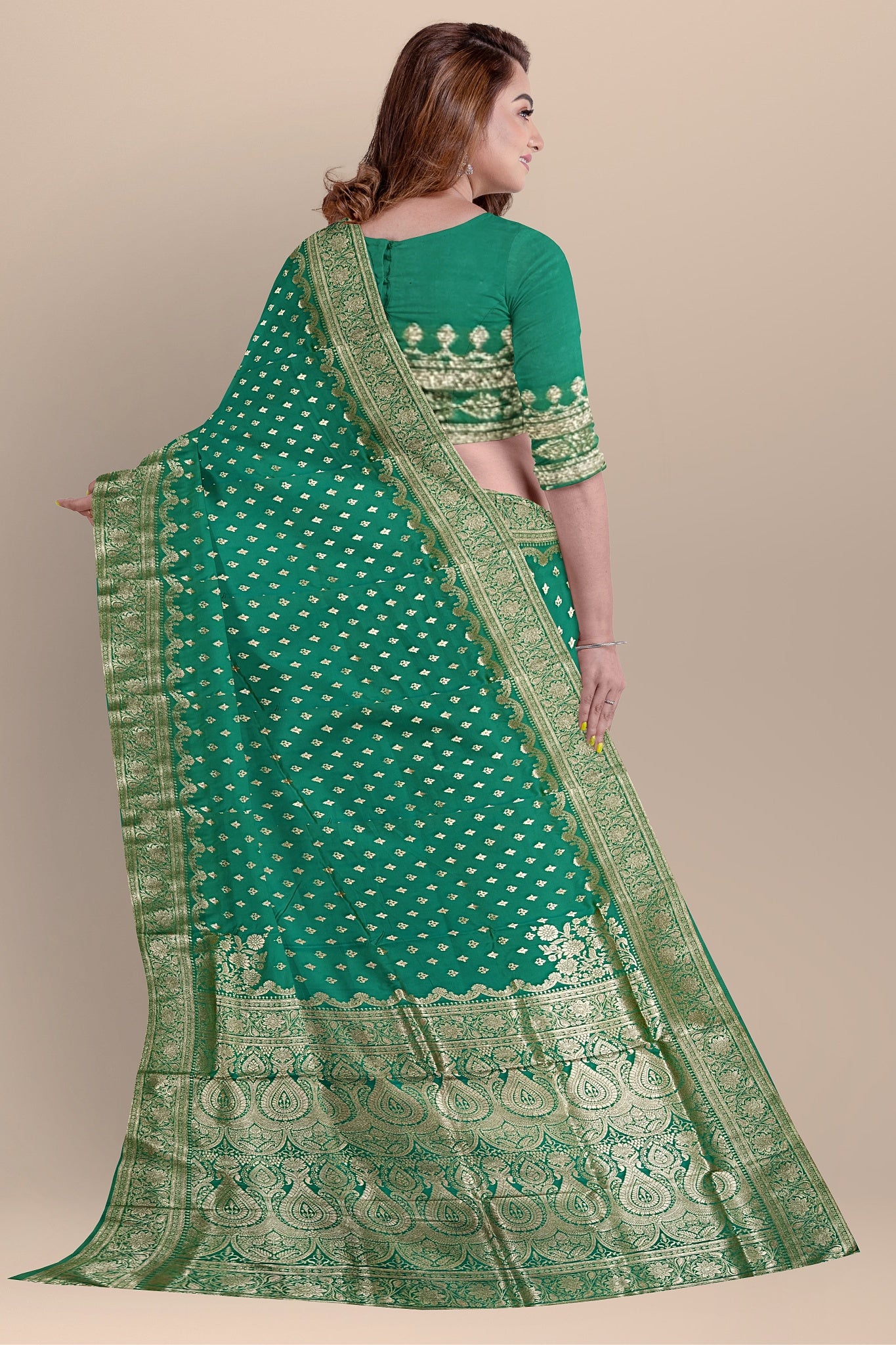 Sea Green Silk Saree with Buta & Ghot Work, Matching Blouse